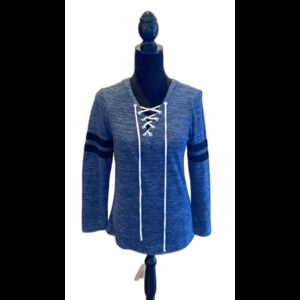 Always Indigo Top Size Small Pullover Blue Fuzzy Shirt Stripes Sleeves Lace up